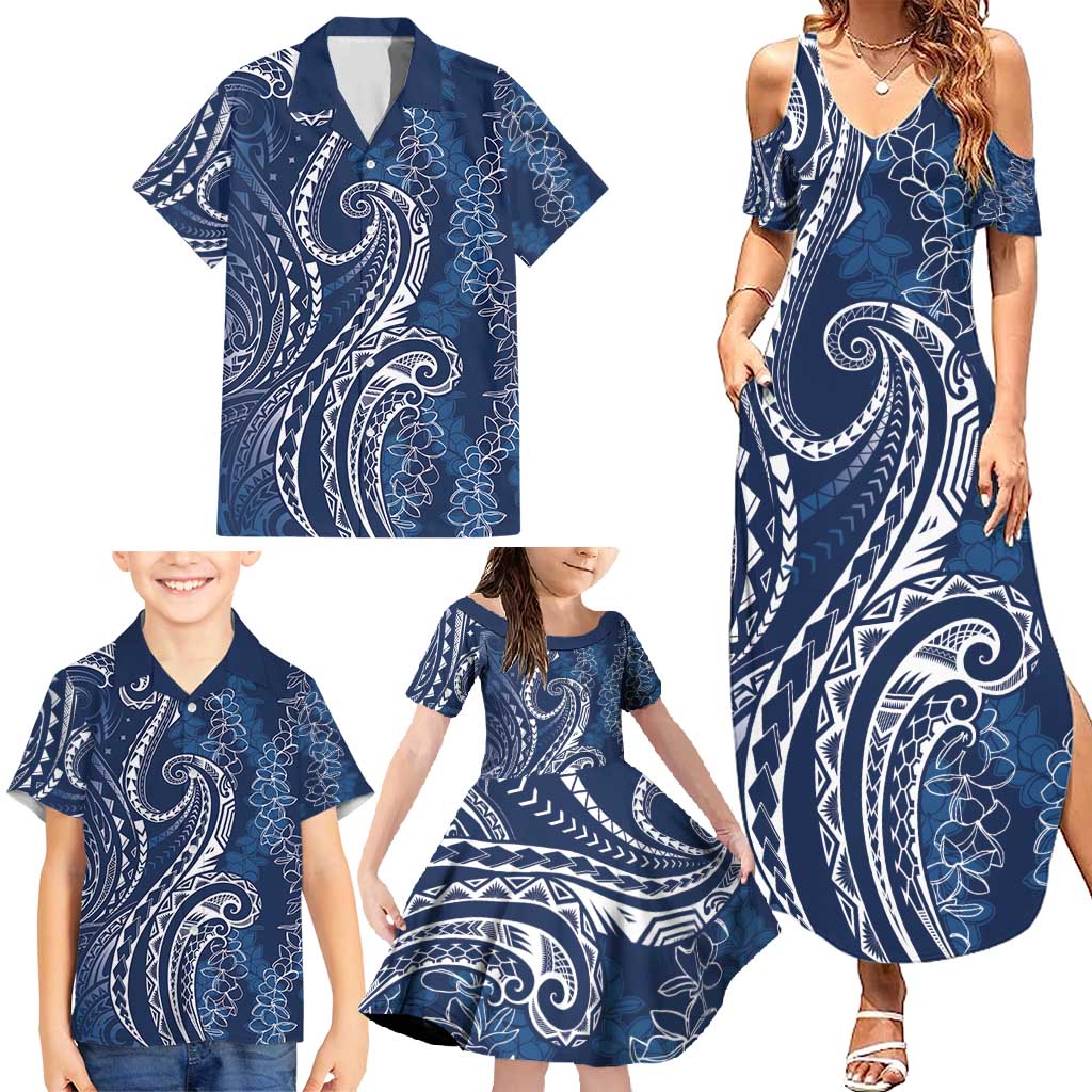 Polynesia Plumeria Lei Family Matching Summer Maxi Dress and Hawaiian Shirt Navy Blue Curves Motif