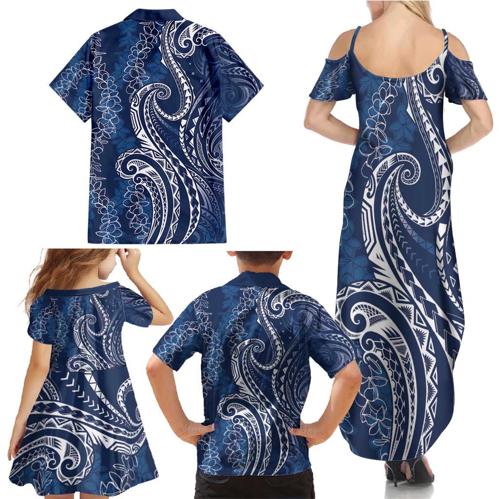 Polynesia Plumeria Lei Family Matching Summer Maxi Dress and Hawaiian Shirt Navy Blue Curves Motif
