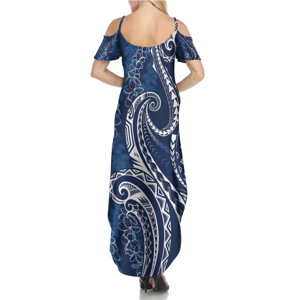 Polynesia Plumeria Lei Family Matching Summer Maxi Dress and Hawaiian Shirt Navy Blue Curves Motif