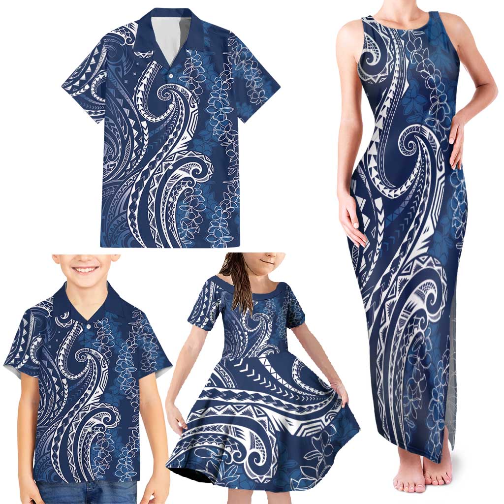 Polynesia Plumeria Lei Family Matching Tank Maxi Dress and Hawaiian Shirt Navy Blue Curves Motif
