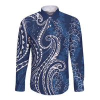 Polynesia Plumeria Lei Long Sleeve Button Shirt Navy Blue Curves Motif
