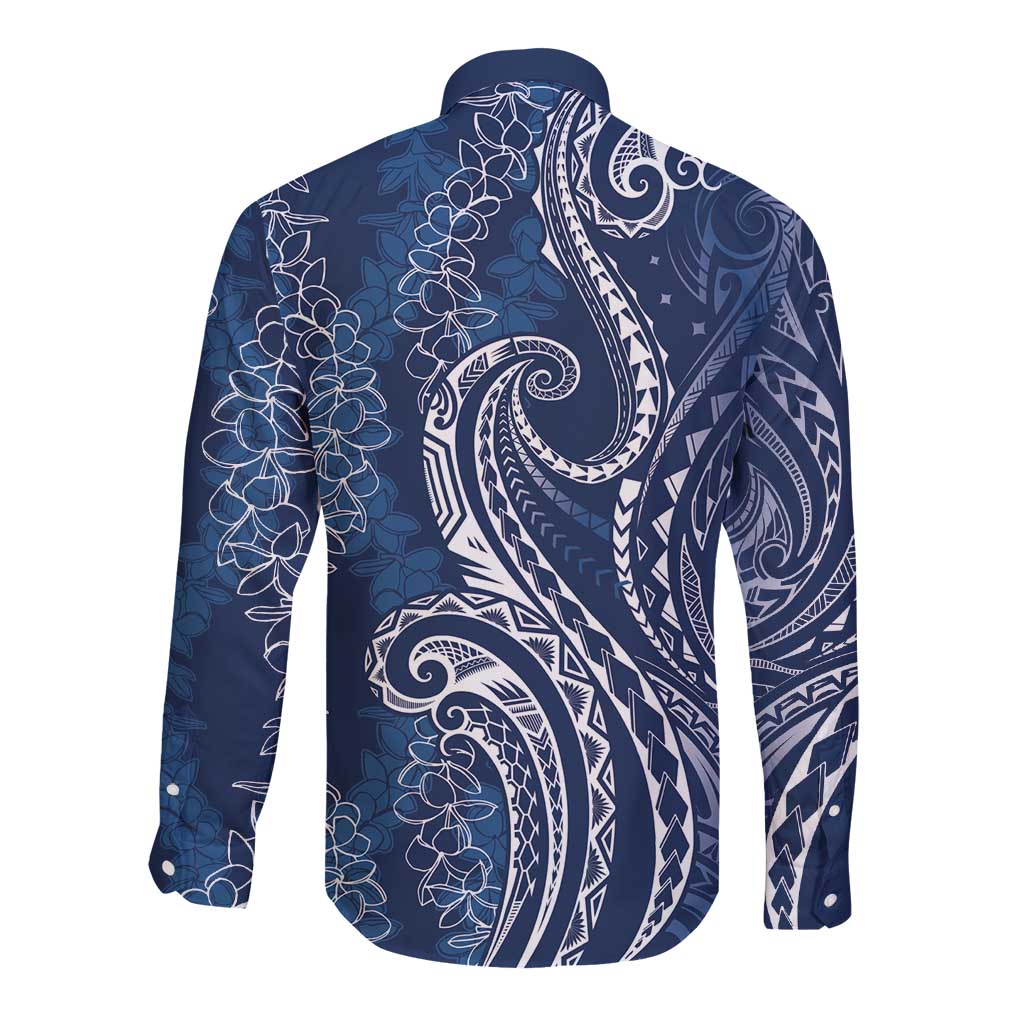 Polynesia Plumeria Lei Long Sleeve Button Shirt Navy Blue Curves Motif