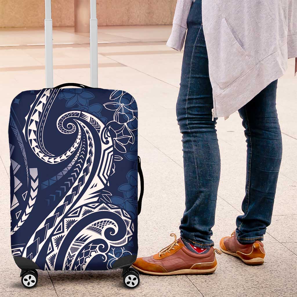 Polynesia Plumeria Lei Luggage Cover Navy Blue Curves Motif