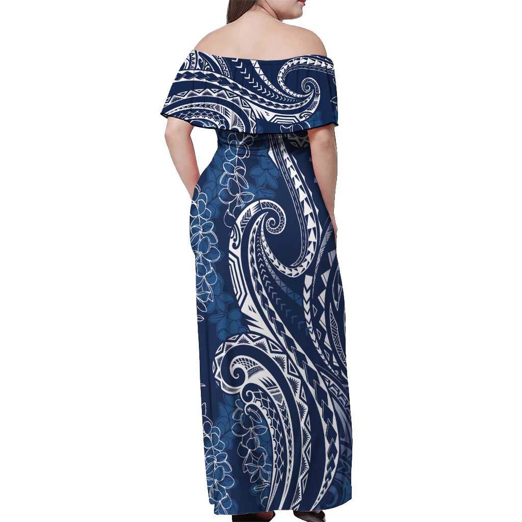 Polynesia Plumeria Lei Off Shoulder Maxi Dress Navy Blue Curves Motif