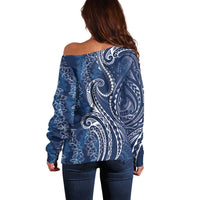 Polynesia Plumeria Lei Off Shoulder Sweater Navy Blue Curves Motif