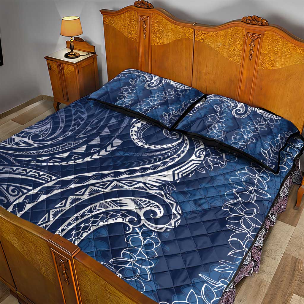 Polynesia Plumeria Lei Quilt Bed Set Navy Blue Curves Motif