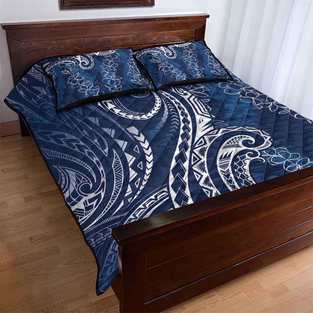 Polynesia Plumeria Lei Quilt Bed Set Navy Blue Curves Motif