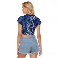Polynesia Plumeria Lei Raglan Cropped T Shirt Navy Blue Curves Motif LT7 - Polynesian Pride