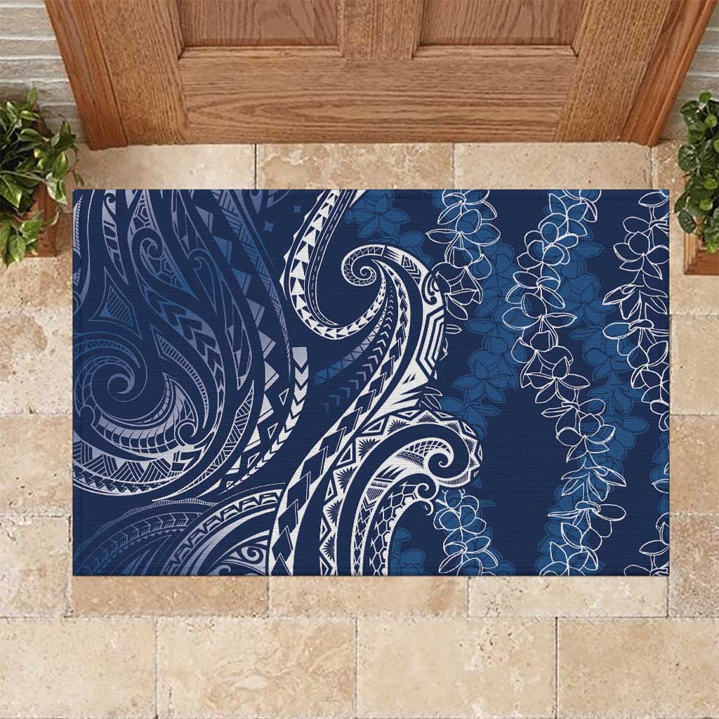 Polynesia Plumeria Lei Rubber Doormat Navy Blue Curves Motif