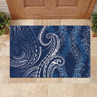 Polynesia Plumeria Lei Rubber Doormat Navy Blue Curves Motif