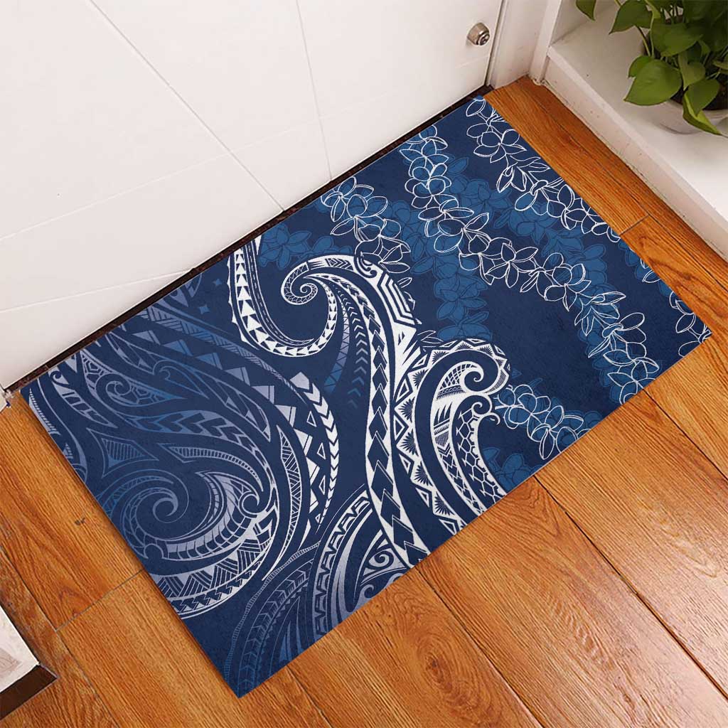 Polynesia Plumeria Lei Rubber Doormat Navy Blue Curves Motif