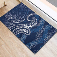 Polynesia Plumeria Lei Rubber Doormat Navy Blue Curves Motif