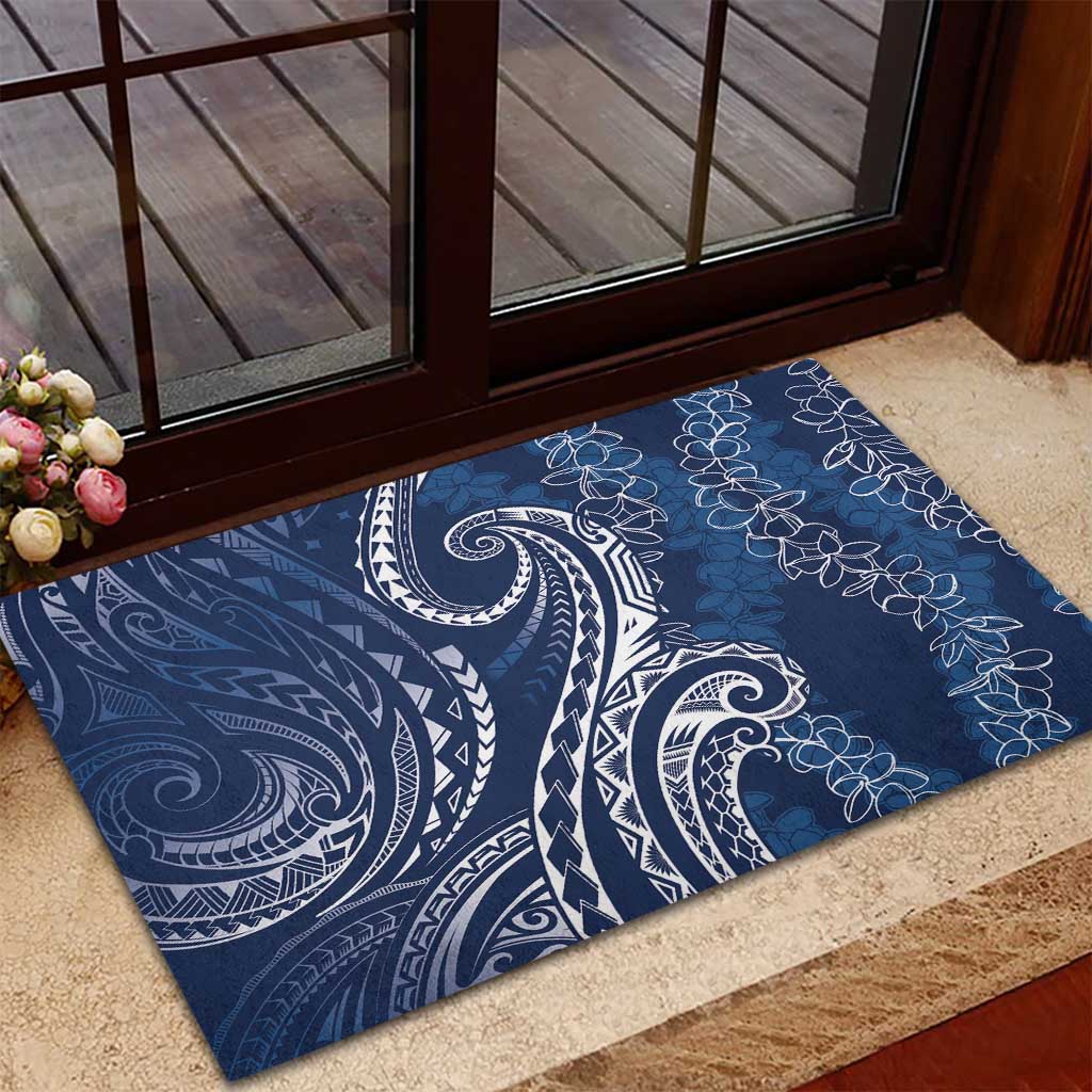 Polynesia Plumeria Lei Rubber Doormat Navy Blue Curves Motif