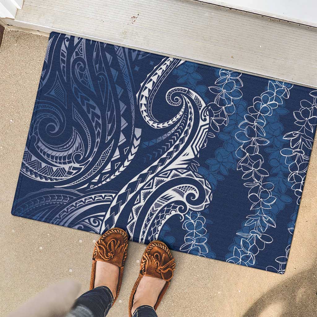 Polynesia Plumeria Lei Rubber Doormat Navy Blue Curves Motif