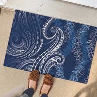 Polynesia Plumeria Lei Rubber Doormat Navy Blue Curves Motif