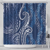 Polynesia Plumeria Lei Shower Curtain Navy Blue Curves Motif