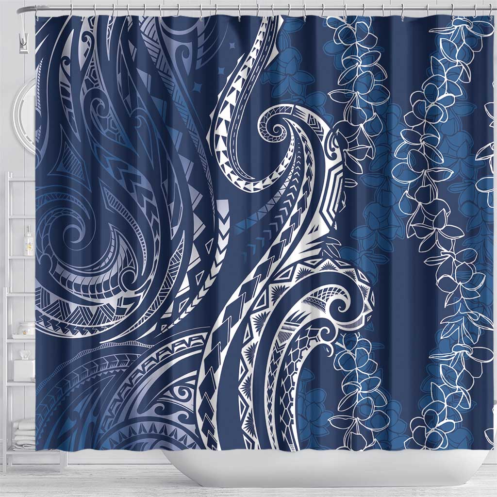 Polynesia Plumeria Lei Shower Curtain Navy Blue Curves Motif