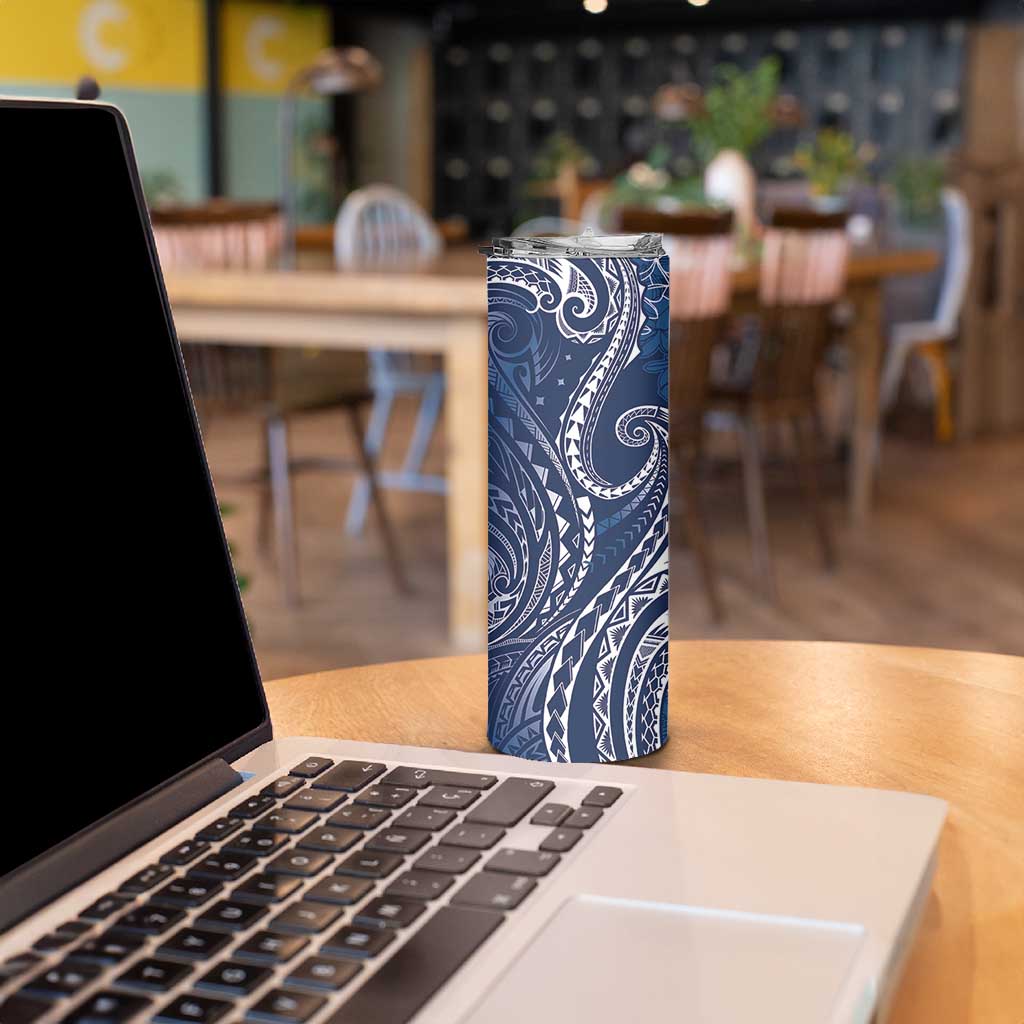 Polynesia Plumeria Lei Skinny Tumbler Navy Blue Curves Motif