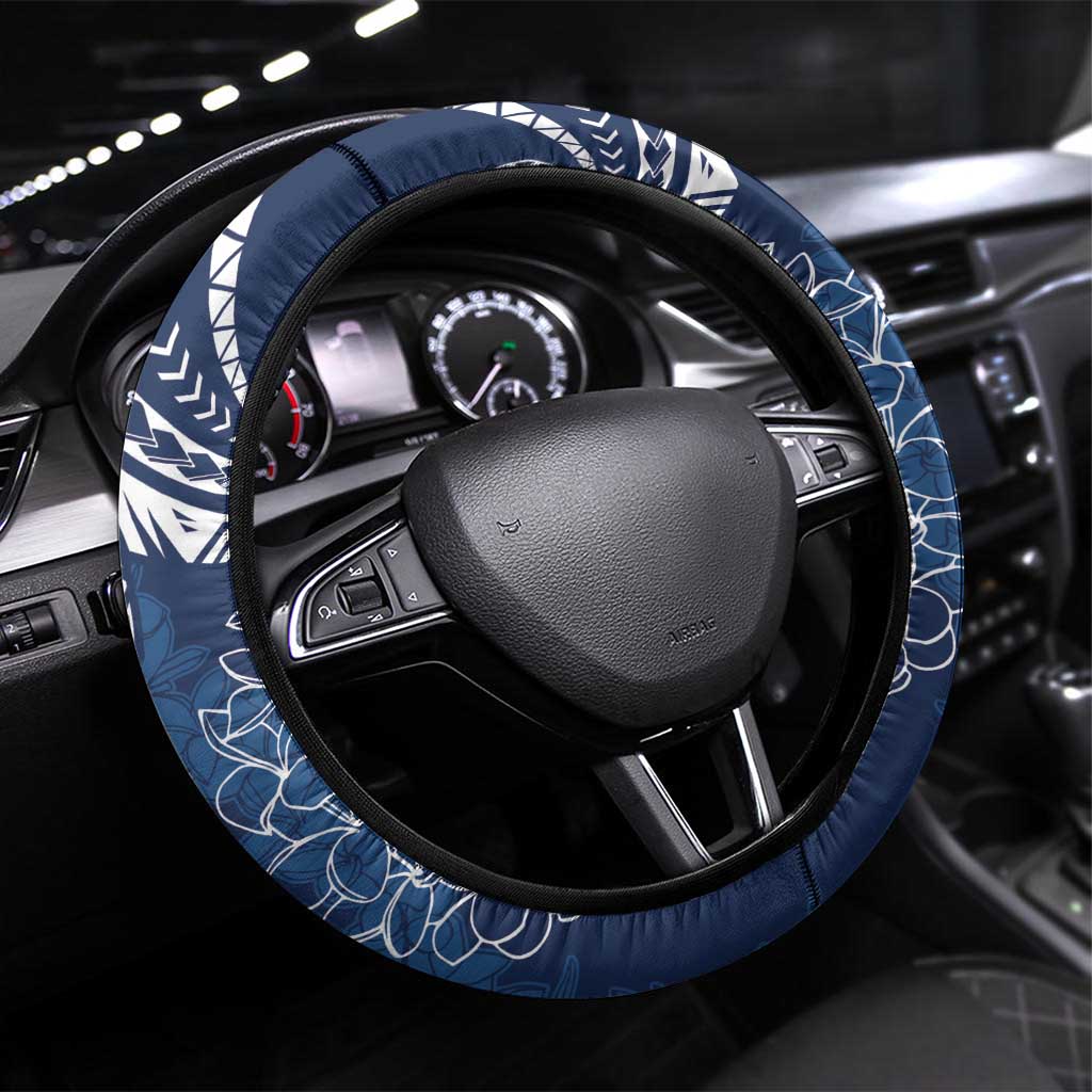Polynesia Plumeria Lei Steering Wheel Cover Navy Blue Curves Motif