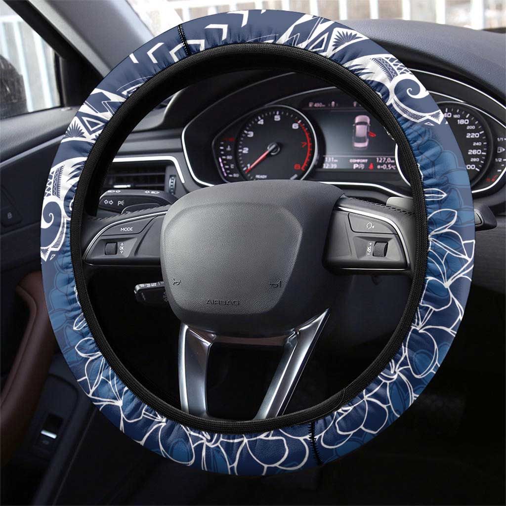 Polynesia Plumeria Lei Steering Wheel Cover Navy Blue Curves Motif