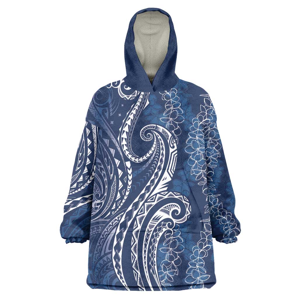 Polynesia Plumeria Lei Wearable Blanket Hoodie Navy Blue Curves Motif