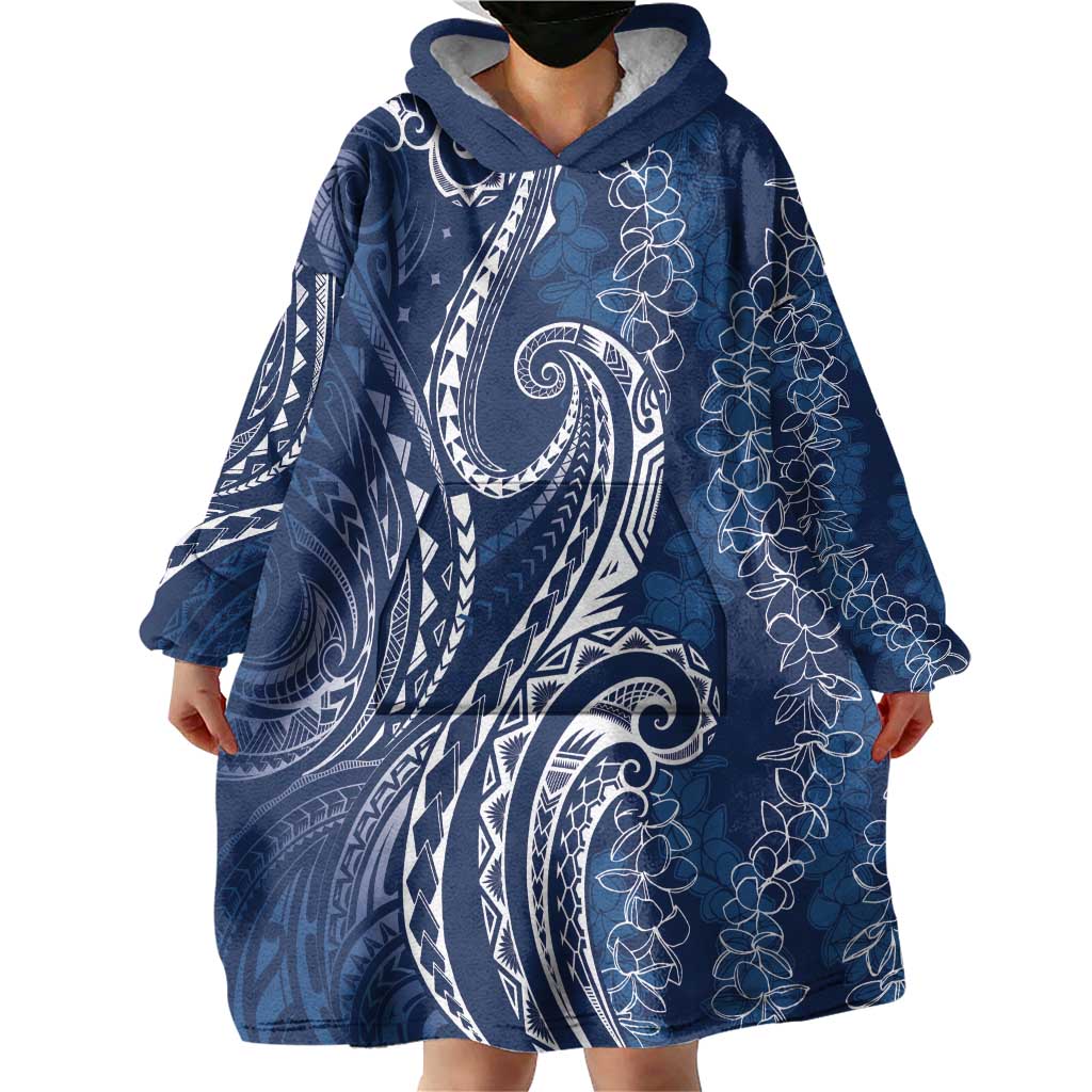 Polynesia Plumeria Lei Wearable Blanket Hoodie Navy Blue Curves Motif