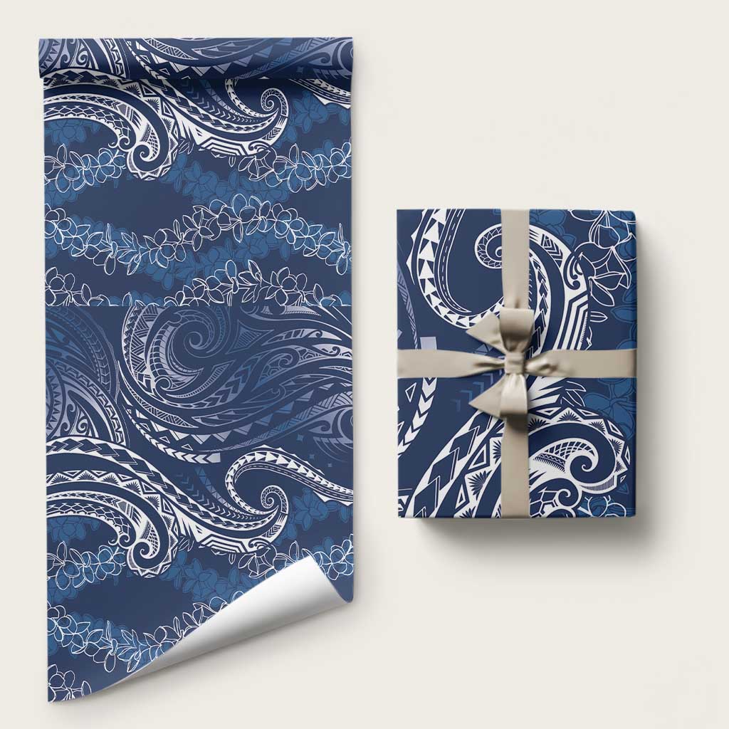 Polynesia Plumeria Lei Wrapping Paper Navy Blue Curves Motif