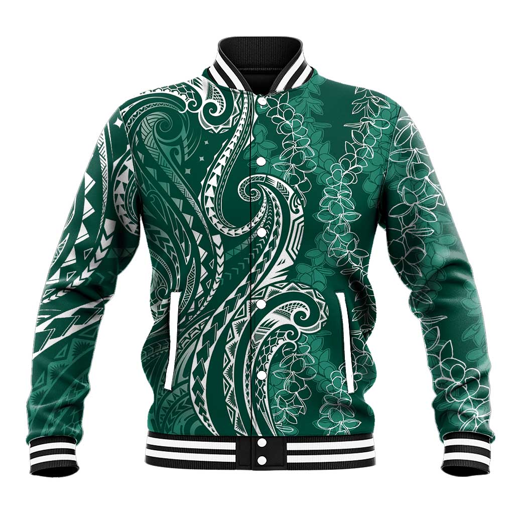 Polynesia Plumeria Lei Baseball Jacket Sage Green Curves Motif