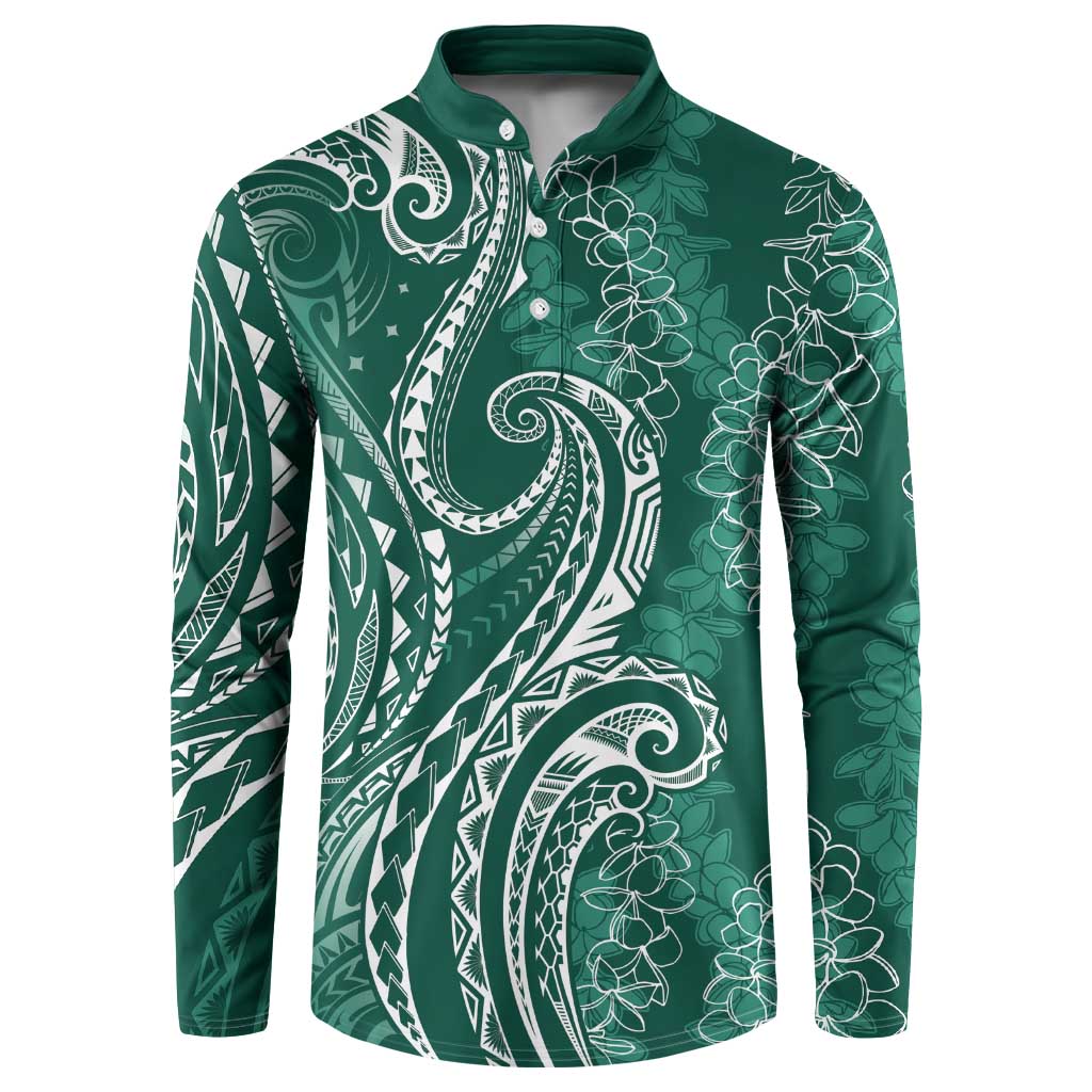 Polynesia Plumeria Lei Button Sweatshirt Sage Green Curves Motif