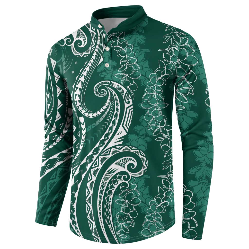 Polynesia Plumeria Lei Button Sweatshirt Sage Green Curves Motif