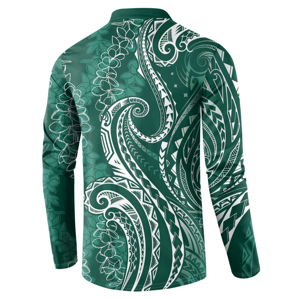 Polynesia Plumeria Lei Button Sweatshirt Sage Green Curves Motif