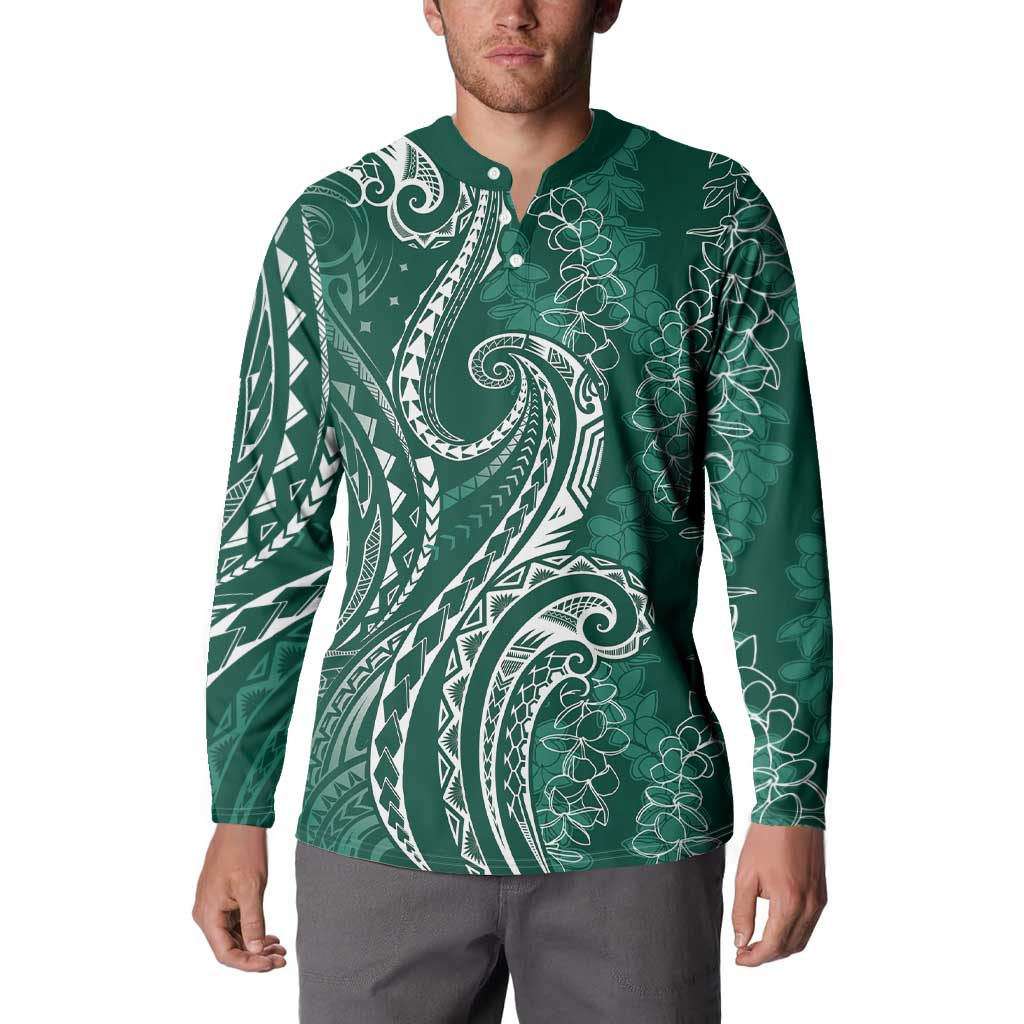Polynesia Plumeria Lei Button Sweatshirt Sage Green Curves Motif
