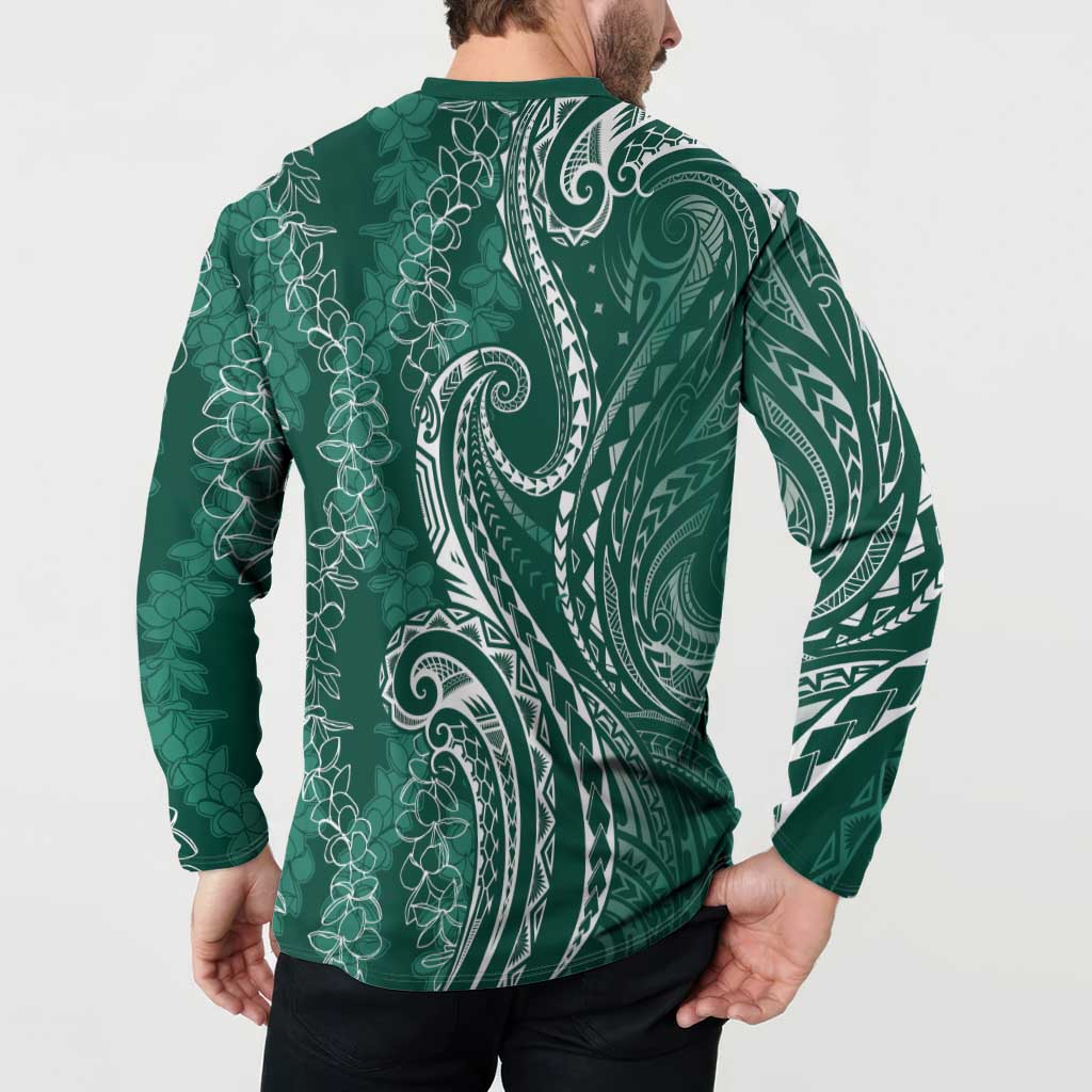Polynesia Plumeria Lei Button Sweatshirt Sage Green Curves Motif