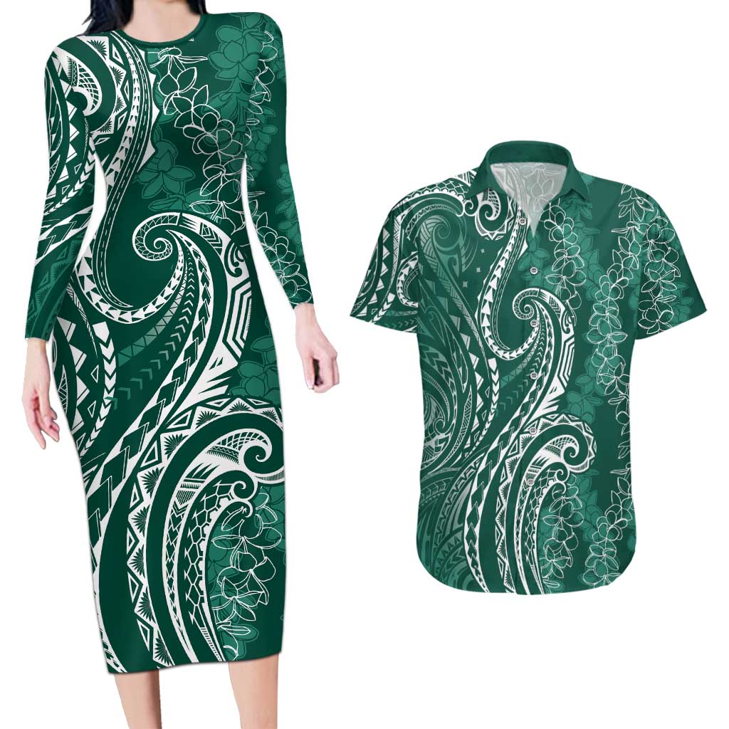 Polynesia Plumeria Lei Couples Matching Long Sleeve Bodycon Dress and Hawaiian Shirt Sage Green Curves Motif