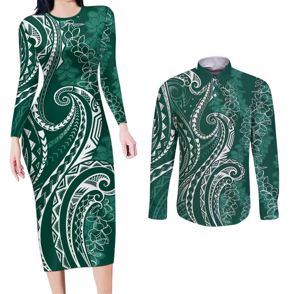 Polynesia Plumeria Lei Couples Matching Long Sleeve Bodycon Dress and Long Sleeve Button Shirt Sage Green Curves Motif LT7 Dark Green - Polynesian Pride