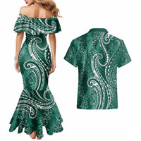 Polynesia Plumeria Lei Couples Matching Mermaid Dress and Hawaiian Shirt Sage Green Curves Motif