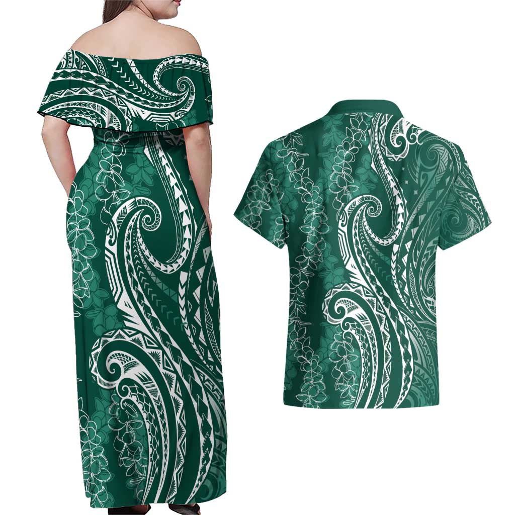 Polynesia Plumeria Lei Couples Matching Off Shoulder Maxi Dress and Hawaiian Shirt Sage Green Curves Motif