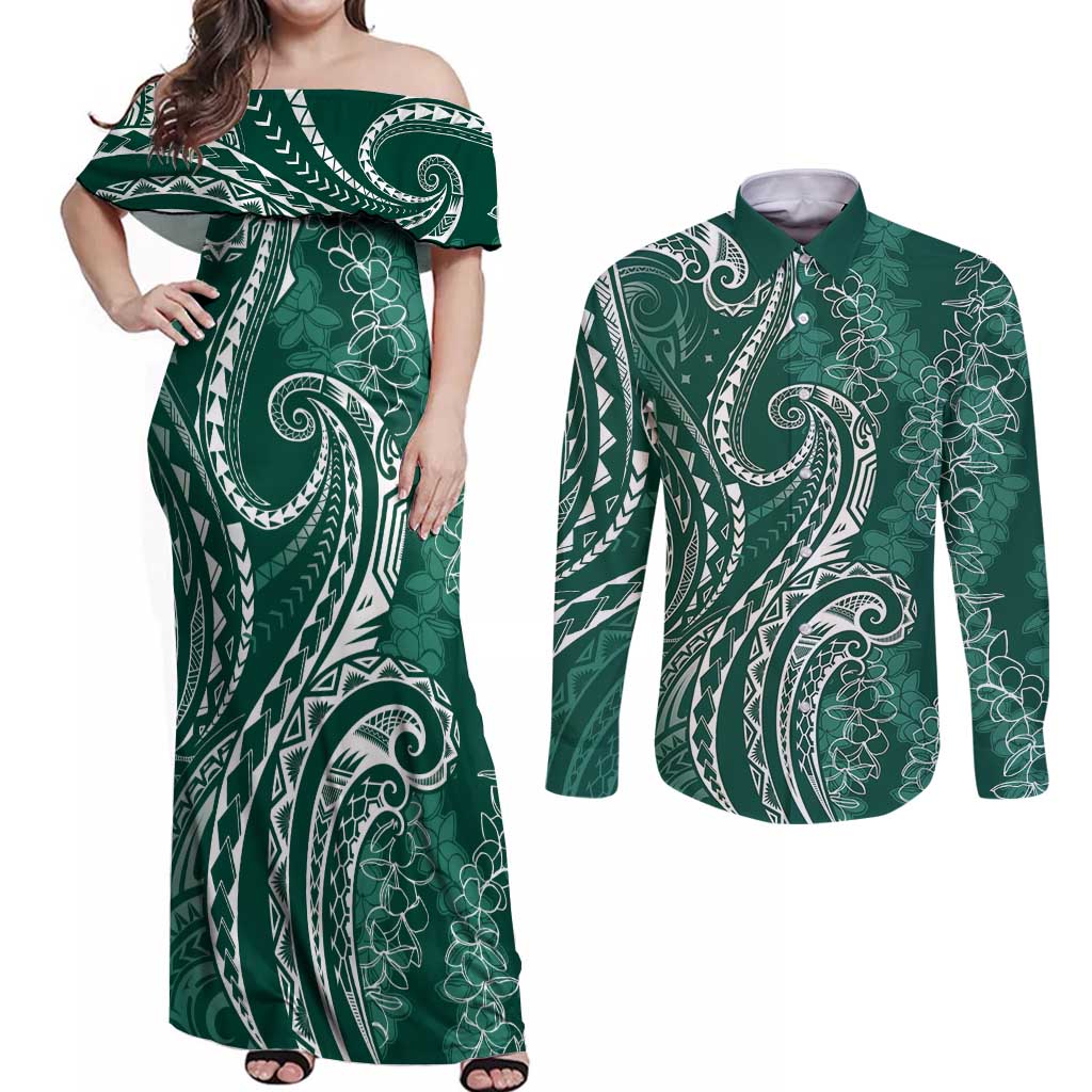 Polynesia Plumeria Lei Couples Matching Off Shoulder Maxi Dress and Long Sleeve Button Shirt Sage Green Curves Motif LT7 Dark Green - Polynesian Pride