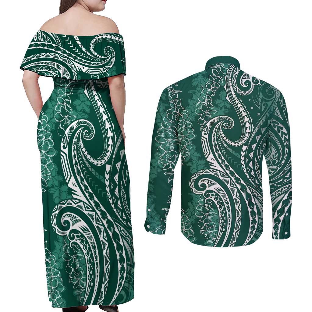 Polynesia Plumeria Lei Couples Matching Off Shoulder Maxi Dress and Long Sleeve Button Shirt Sage Green Curves Motif LT7 - Polynesian Pride
