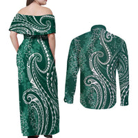 Polynesia Plumeria Lei Couples Matching Off Shoulder Maxi Dress and Long Sleeve Button Shirt Sage Green Curves Motif LT7 - Polynesian Pride