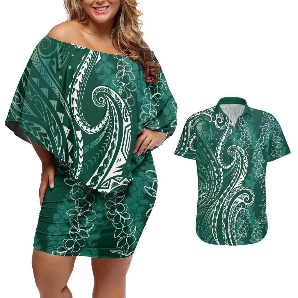 Polynesia Plumeria Lei Couples Matching Off Shoulder Short Dress and Hawaiian Shirt Sage Green Curves Motif