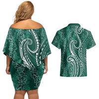 Polynesia Plumeria Lei Couples Matching Off Shoulder Short Dress and Hawaiian Shirt Sage Green Curves Motif