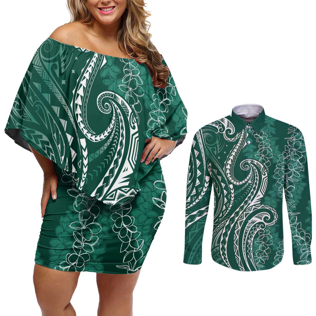 Polynesia Plumeria Lei Couples Matching Off Shoulder Short Dress and Long Sleeve Button Shirt Sage Green Curves Motif LT7 Dark Green - Polynesian Pride