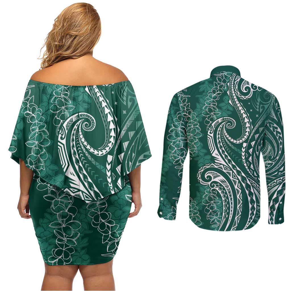 Polynesia Plumeria Lei Couples Matching Off Shoulder Short Dress and Long Sleeve Button Shirt Sage Green Curves Motif LT7 - Polynesian Pride