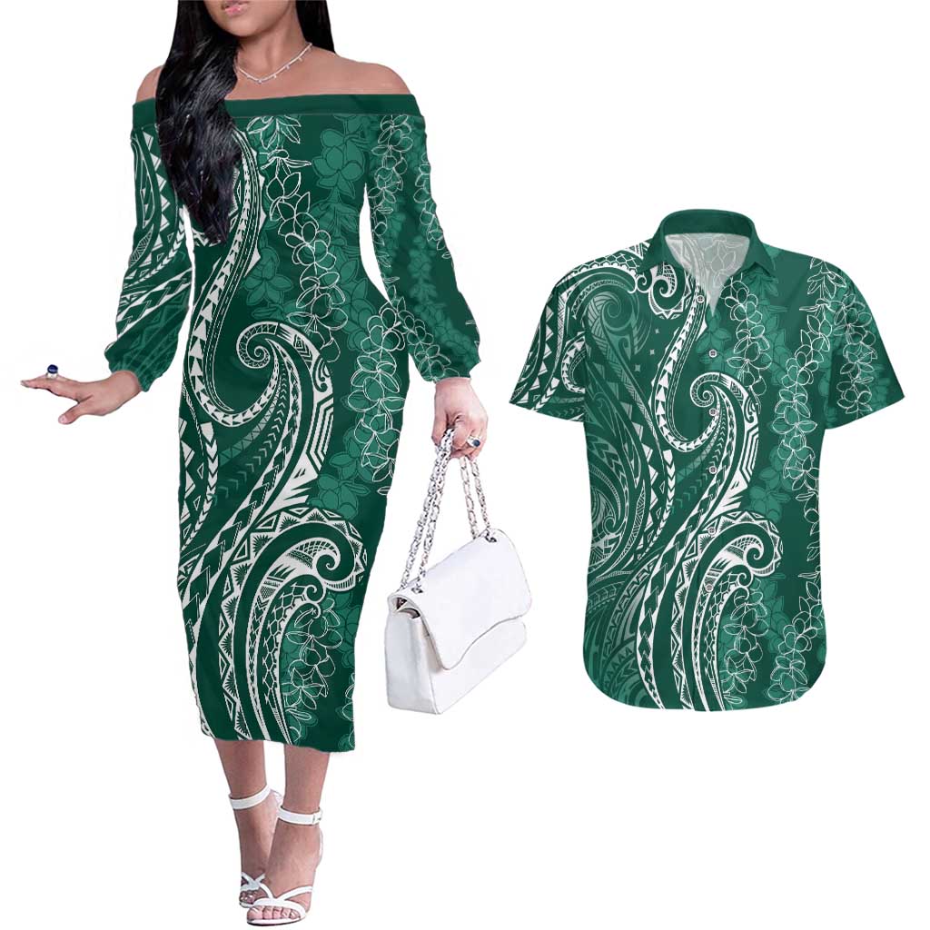 Polynesia Plumeria Lei Couples Matching Off The Shoulder Long Sleeve Dress and Hawaiian Shirt Sage Green Curves Motif