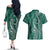 Polynesia Plumeria Lei Couples Matching Off The Shoulder Long Sleeve Dress and Hawaiian Shirt Sage Green Curves Motif