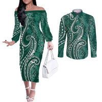 Polynesia Plumeria Lei Couples Matching Off The Shoulder Long Sleeve Dress and Long Sleeve Button Shirt Sage Green Curves Motif LT7 Dark Green - Polynesian Pride