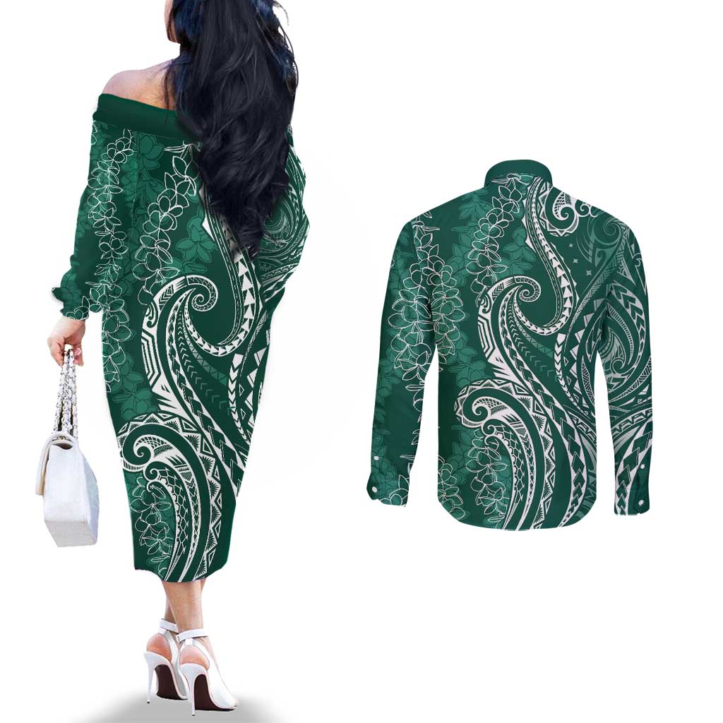Polynesia Plumeria Lei Couples Matching Off The Shoulder Long Sleeve Dress and Long Sleeve Button Shirt Sage Green Curves Motif LT7 - Polynesian Pride