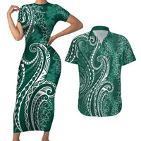 Polynesia Plumeria Lei Couples Matching Short Sleeve Bodycon Dress and Hawaiian Shirt Sage Green Curves Motif
