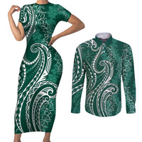 Polynesia Plumeria Lei Couples Matching Short Sleeve Bodycon Dress and Long Sleeve Button Shirt Sage Green Curves Motif LT7 Dark Green - Polynesian Pride